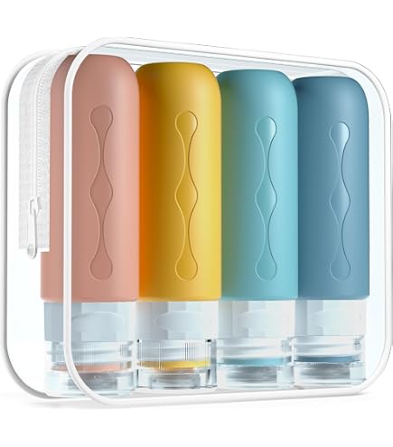 BOBOPACK 4er-Set Silikon-Reiseflaschen – Auslaufsichere 90ml Dispenser Mit Kreuzöffnung & Aufbewahrungstasche | BPA-frei, Faltbar, Flugzeugtauglich