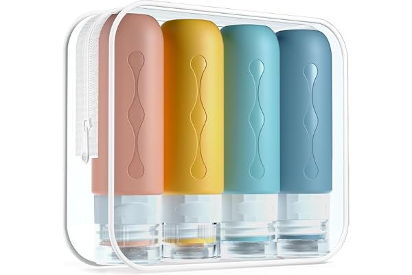 Gemice Flacons de Voyage, 4Pcs Étanches Bouteille de Voyage Silicone, Accessoires de Voyage Aéroport Contenant pour Huile Solaire, Shampooing, Lotion, Gel Douche Crème (89ml)