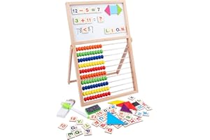 Sinirttou Tableau de Calcul Bois Abaque, Boulier Règle Calcul Abacus Mathématique, avec Anglaise Cartes Alphabet et numérotées pour Les à partir de 3 Ans