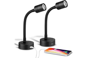 Obeaming 2 x Camper Lámpara de Lectura LED 12V Junto a la Cama Negro Luz Pared Regulable Flexible Cuello de Cisne DC 12V-24V para Autocaravana Furgoneta Barco Cabina, Cargador Tipo C incorporado