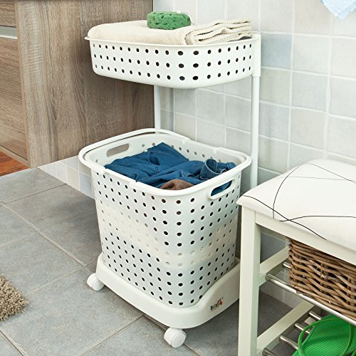 SoBuy® Wäschewagen, Badregal, Aufbewahrungswagen, Wäschesammler, Wäschebox, Wäschekorb mit 2 Körben, FRG30-W - 9