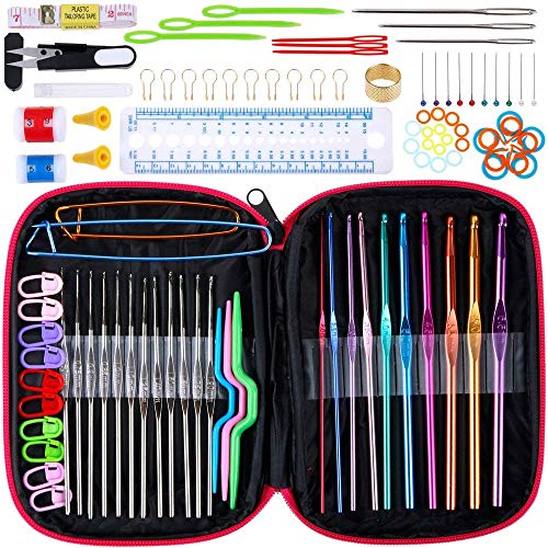 MOLPE 100pcs Agujas de Ganchillos,Kit de Ganchillos Accesorios con Bolsa,Regalo para Fiesta,Cumpleaños,Mujer,Madre,Ganchillo Crochet para Novatos (Pink)