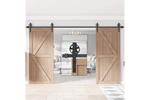 WINSOON 400cm Kit Guia Puerta Corredera Rodillo de rueda negro básico Armario de garaje Acero al carbono Doble madera Puerta corredera de granero Kit de hardware Cojinete pesado