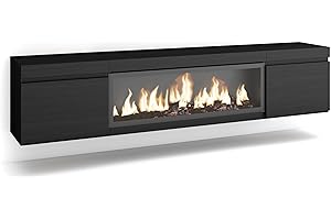 Skraut Home | Mobile TV Soggiorno | Ampio spazio a disposizione | 210 | Per TV fino a 80" | Camino elettrico XXL | Sospeso, da appendere | Stile moderno | Nero