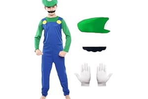 Ficlwigkis Mario Costume Kids Luigi Costume Mario Costume with Cap Beard Gloves for Kids Adults Boys Girls Halloween Cosplay