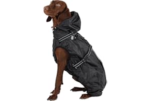 OUOBOB Hunderegenmantel wasserdicht, Regenjacke mit reflektierenden Streifen, H-Brustgeschirr (D-Ring) & Abnehmbarer Kapuze mit Visier, Ideal für große/Sehr große Hunde [Schwarz, Größe 4XL]