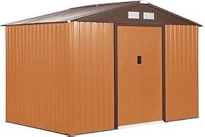 Outsunny Casetta da Giardino 4.9 m² con Fondazione, 4 Prese d'Aria e 2 Porte Scorrevoli, Capanno Porta Attrezzi in Lamiera d'Acciaio, 277x195x192 cm, Giallo