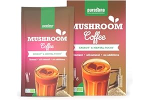 Purasana® Instant Mushroom Coffee – 6 sticks – Café Arabica bio avec lion’s mane, reishi & guarana