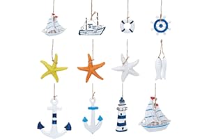 PandaHall 12-teiliges maritimes Deko-Set, Seestern/Boot/Anker/Leuchtturm/Helm/Anker/Schwimmring/Mini-Fischernetz-Zubehör für Strand und Küste, Wandschmuck