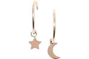 Happiness Boutique Orecchini a Cerchio Stella e Luna in Oro Rosa | Piccoli Orecchini Tondi Bijoux Acciaio Inossidabile
