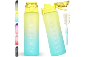 CodiCile Wasserflasche 1L, Sport Wasserflasche mit Strohhalm und Trinkanschlussdeckel, Zwei Wege zu trinken, auslaufsichere Wasserflasche, BPA-freie Trinkflasche für Fitnessstudio, Büro, Gelb & Grün