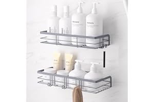 LAJIAKE Duschablage Ohne Bohren Silber, 2 Stück Edelstahl Duschregal Mit 5 Haken, Shampoo Halterung Für Dusche, Duschkorb Zum Kleben, Shower Shelf, Dusche Zubehör Für Bad Und Küche