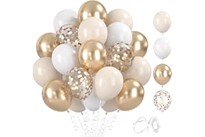 BlooMoo 60 Stück Luftballons Beige Weiß, 12 Zoll Latex Luftballons Champagner Gold, Metallic Ballons und Konfetti Ballons Set, für Geburtstag Hochzeit Babyparty Party Dekoration