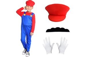 BITOWO Mario Costume Kids 3-4 4-5 5-6 6-7 7-8 9-10 11-12 Mario and Luigi Costume Boys Girls Outfit Fancy Dress Up Jumpsuit Bodysuit Kids Boys Girls with Hat Gloves Moustaches for Halloween Cosplay Birthday