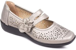 Chums | Ladies | Women's Easy Fit Comfort Touch Fasten Strap Shoe with Adjustable Fit, Cushioned Insole, and Stylish Punchwork Design |