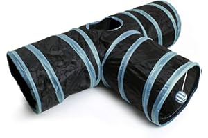 iGadgitz Home U6979 - Túnel para Gatos Plegable con Tres vías Túnel Conejo Juego para Gatos Interactivo con Pelota Colgante - Hogar/Exterior - Negro/Ribete Azul