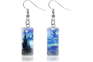 VILITI 1 Pair Vintage Jewellery,Starry Night Painted Earrings,Blue Stainless Novelty Funky Art Dang Drop Gifts,Handmade Dangling Rectangle Glass Quirky Earing Gaueiour,Unique Gift for Fashion Women Jewelry
