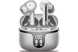 Monyhigh Auriculares inalámbricos, Bluetooth con 4 micrófonos, Sonido de Llamada, estéreo, Bluetooth, Pantalla LED Dual, IP7, Impermeable, Color Gris