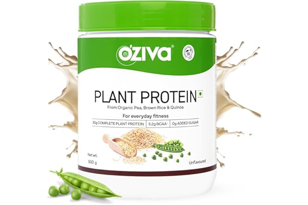 OZiva Plant Protein for Everyday Fitness 30g Protein - Pea Isolate Complete Plant Protein Powder No Added Sugar, Certified Clean & Vegan (Unflavoured, 500g)