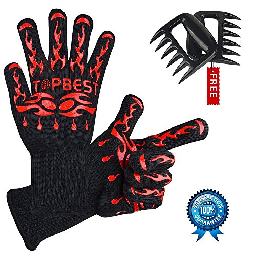 Topbest Hohe Qualität Grillhandschuhe(2er Set) mit Kostenlosen Bear Paws-EN407 Beglaubigte Extrem Hitzebeständige Backhandschuh, Küchenhandschuhe,Ofenhandschuhe - Eine Größe passt fast allen