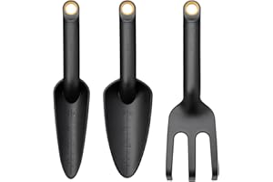 Fiskars Garden Tools Set 3 Piece Flower Rake, Trowel and Trowel, 65% Recycled FiberComp Plastic with Fibreglass, Black/Orange, Solid, 1076379