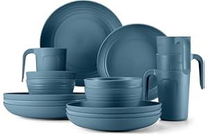 Odoland Stoviglie da Campeggio, Set di Piatti Tazze in Plastica 16 Pezzi per 4 Persone, Leggeri e Riutilizzabili, Set Piatti Ciotole Insalata, Blu