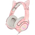 SIMGAL Pink Gaming Headset with Mic, Compatible with PS4 PS5 Xbox One(Adapter Not Included) PC Mobile Phone, Removable Cat Ear Surround Sound Headphone with RGB for Girls Women