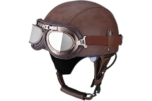 BDTOT Retro Motorrad Halbhelme Leder Halbhelm Deutscher Stil Roller Cruiser Chopper Anti-Collision Helm Abnehmbarer Gehörschutz mit Visier ECE Zertifiziert Roller-Helm Scooter Mofa-Helm