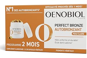 Oenobiol Autobronzant Peau Claire Perfect Bronze - Efficace Dès Le 1er mois sans soleil - Concentration de 5 pigments 100% d'origine végétale - Complément Alimentaire 2X30 Capsules - Programme 2 Mois
