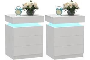 PIPIPOXER 2er Set Nachttisch Weiß mit 3 Schubladen, Nachttisch LED Nachtkommode und Weiß Hochglanz Kommode Nachtschrank Tisch, Led 16 Farben Beleuchtung Beistelltisch für Wohnzimmer, 45x35x61cm