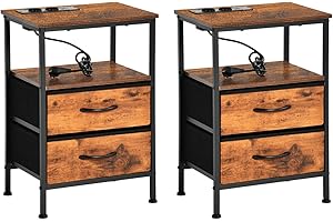 ‎FETINES FetiNes 2er Set Nachttisch mit Ladestation, Kleiner Nachttisch mit Stoffschubladen und Ablage für Schlafzimmer, kleine Räume, Nachtkästchen mit USB-Anschlüssen und Steckdosen - Vintagebraun