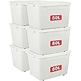 Cetomo 80L*6 Plastic Storage Box,White, Tote box,Organizing Container with Durable Lid and Secure Latching Buckles, Stackable and Nestable, 6Pack, with Buckle