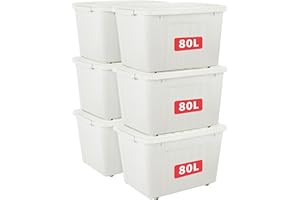 Cetomo 80L*6 Boîtes de Rangement avec Couvercles, Boîte de Rangement en Plastique avec Clips et Roulettes, Empilables, Encastrables, pour Placard de Bureau à Domicile, Blanc, 80L, Lot de 6