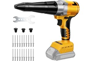 ROADTIME Remachadora inalámbrica compatible con Dewalt 20 V Batería, Pistola de remachadora profesional sin escobillas con luz LED, 20 remaches, llave y 3 adaptadores, para metal, plástico y cuero (sin