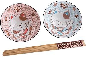 lachineuse - Coffret Repas Japonais - Design Maneki Neko - Chat Porte-Bonheur - 2 Bols à Riz et leurs Baguettes - Duo Gourmand - Porcelaine, Bois - Multicolore - Idée Cadeau Japon Asie