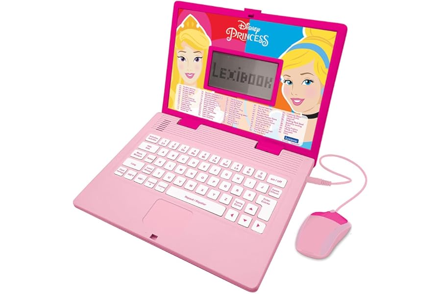LEXIBOOK, Disney Princess, Educational and Bilingual Laptop French/English with 124 Activities: Mathematics, Dactylography, Logic, Clock reading, Play Games and Music, Pink, JC598DPi1