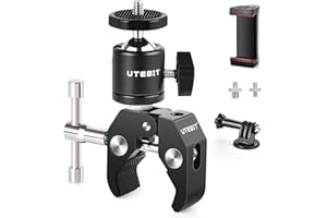 UTEBIT Super Klemme Stativ Gelenk-Kugelkopf Blitzschuh-Stativkopf mit 1/4 3/8" Gewindeadapter, Handyclip und Gopro-Adapter für Kameras, Blitze, Stative, LCD/DV-Monitore, LED-Leuchten