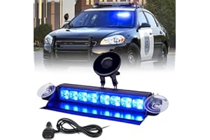 Xprite LED Windshield Strobe Flashing Light Aluminum w/ Suction Cups, Dash Deck Visor Police Hazard Warning Security Lights for Emergency POV Volunteer Firefighter Vehicles Trucks Traffic - Blue