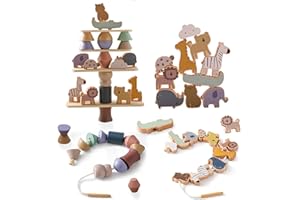 Smartwo Fädelspiel ab 2 Jahre, Holzspielzeug für Stapelspiel, Montessori Motorikspielzeug für Kleinkinder, Bauklötze in Tiere Form, Geburtstaggeschenk für Mädchen Jungen 2 3 4 Jahre