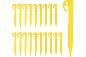 MIKIHAT 20 Pièces Piquets de Tente en Plastique, 14.5cm Sardine Tente Camping Plastique Résistant, Piquets de Fixation Tente Sol Crochet, Piquets de Tente Spirale pour Tentes Camping Auvent Jardin (Jaune)