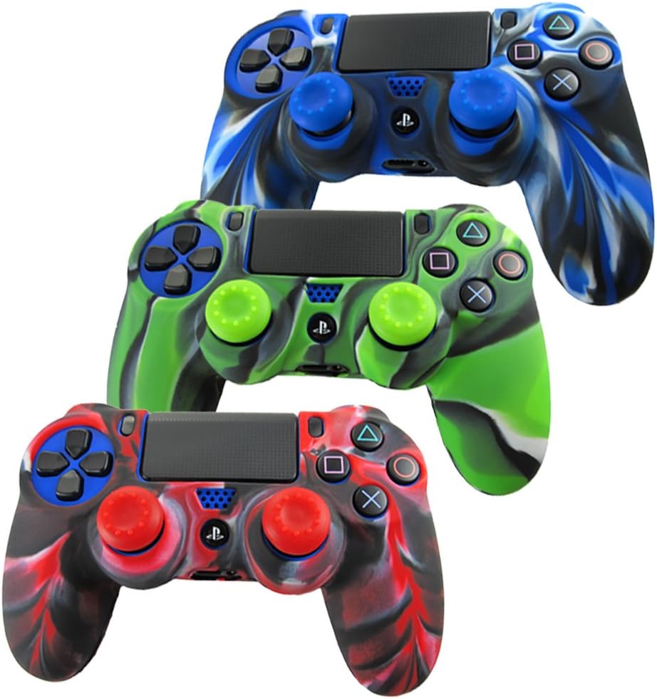 Pandaren® silicone skin for PS4/ SLIM/ PRO controller x 3 + thumb grip x 6 (camouflage red blue green)