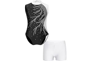 TSSOE Zweiteiliger Mädchen Turnanzug Gymnastikanzug kurzarm Turnbody Tanzbody mit Strass Shorts Tanzshorts Gymnastikbody Ballettkleidung