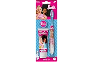 MR.WHITE BRUSH YOUR WAY Barbie Kids Toothbrush Travel Set – Includes Strawberry-Flavoured Toothpaste & Soft-Bristle Toothbrush with Suction Cup & Protective Cap | Travel-Friendly Oral Care Kit for Children Ages 3+