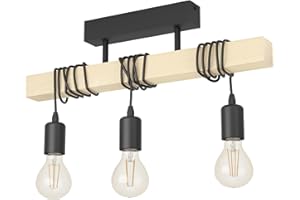 Eglo Lampe de plafond TOWNSHEND 3, plafonnier vintage à 3 flammes au design industriel, suspension rétro en acier et en bois, noir, marron, certifié FSC, douille E27
