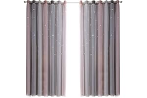 Nyescasa Verdunkelungs Vorhänge Doppelter Hohler Sterne Vorhänge Sterne Vorhänge Für Kinder Mädchen Schlafzimmer Bunte mit Voile Kinder Gardinen 1 Panel (Rosa 53" B x 83" H)