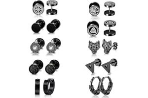 LOCCY Viking Earrings for Men, 8 Pairs Norse Runes Hoop Earring Stainless Steel Stud Earrings, Viking Hoop Punk Biker Earrings Classic Black Stud Earrings for Men