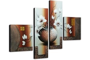 Wieco Art - Elegant Flowers Modern Stretched and Framed Artwork 4 Piece 100% Hand Painted Floral Oil Paintings on Canvas Wall Art Ready to Hang for Living Room Bedroom Home Decorations