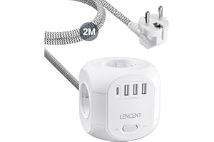 LENCENT Cubo Regleta Enchufes 2M con 4 Tomas de CA, 3 USB y 1 Tipo C, Alargadera Electrica Protección contra Sobretensiones para Familia, Cocina y Oficina White