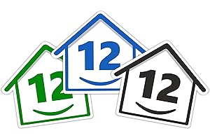 RUBIGO 3 x Bin Numbers for Wheelie Bins, 1-99, 15cm ‘Happy House’ Colour Design Dustbin Stickers, Easy Application Stick On Number Stickers - Weatherproof Self Adhesive Vinyl – Blue, Black and Green (12)