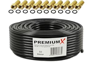 Premium X Profesional Set de Cables Coaxiales 50m – Cable Satelital Negro | Cobre Puro | Cable de Antena Blindado de 4 vías | Incluye 10 Conectores F-Admite 8K, 4K UHD y 3D para Sat, Cable, DVB-T